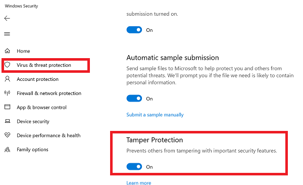 What is the Windows 10 anti tamper setting