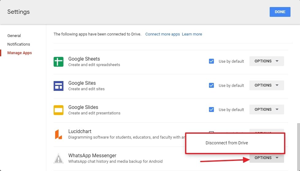 Google Drive WhatsApp configuration options