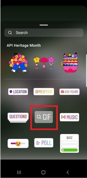 Find and click the GIF icon in the story customization options.