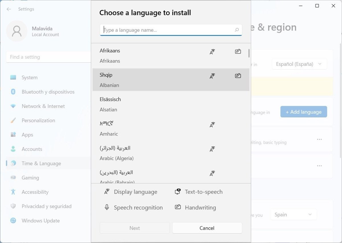 Select a language from the full list