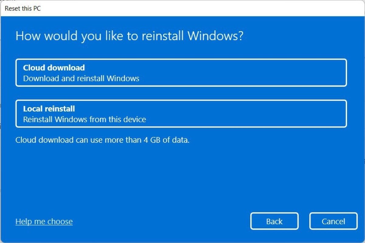 Reinstall Windows from the cloud or locally