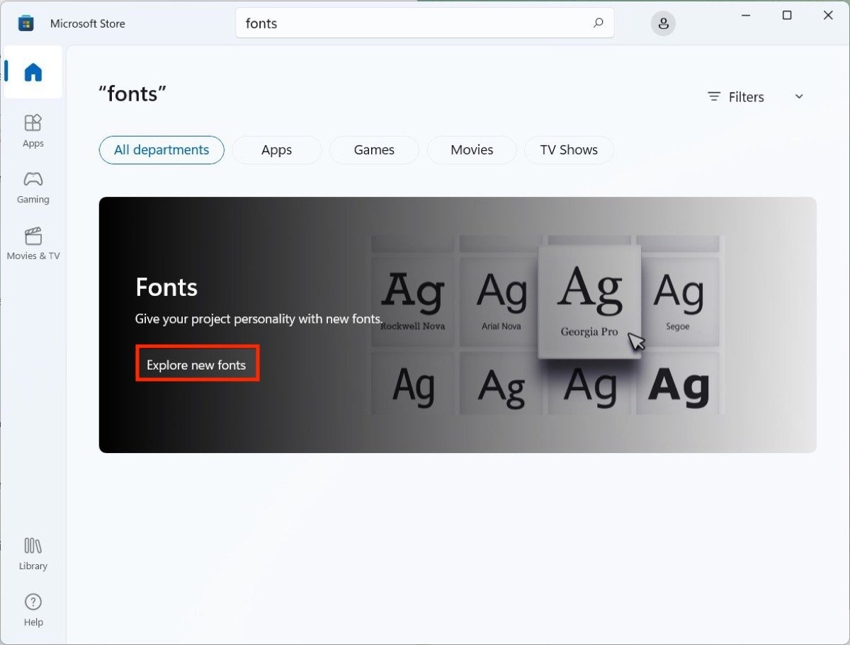 Access to the Fonts section of the Microsoft Store