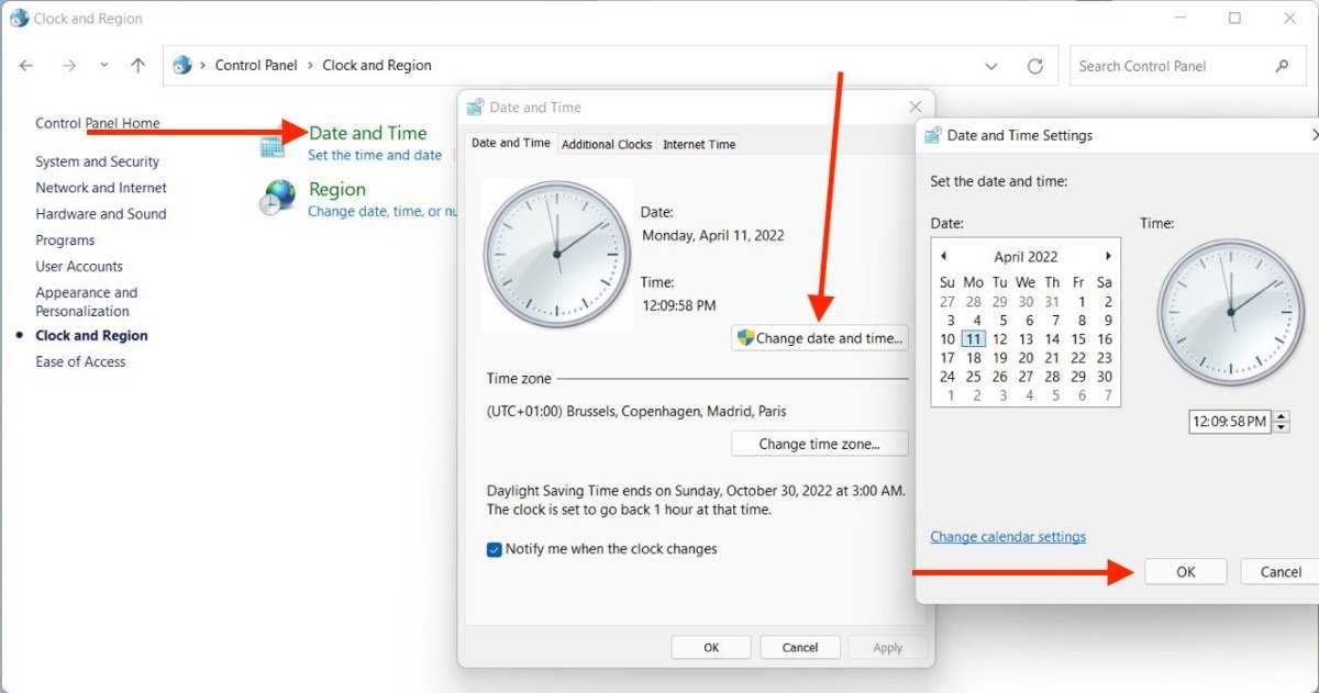 Steps to change date and time in Windows 11 using Control Panel