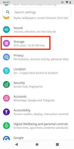 Storage settings in Android