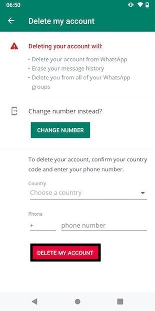 Enter the required data to delete the account