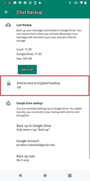 Click on end to end encrypted backup
