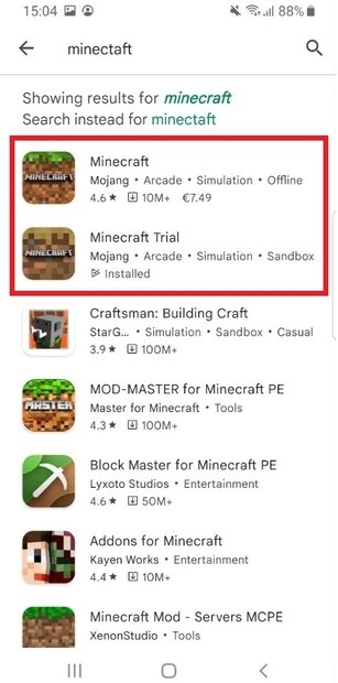 Search results for Minecraft in the Google Play Store
