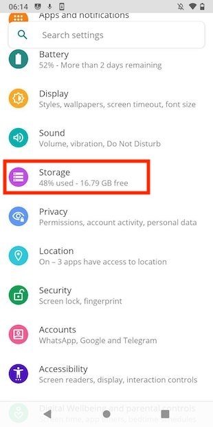 Open storage settings
