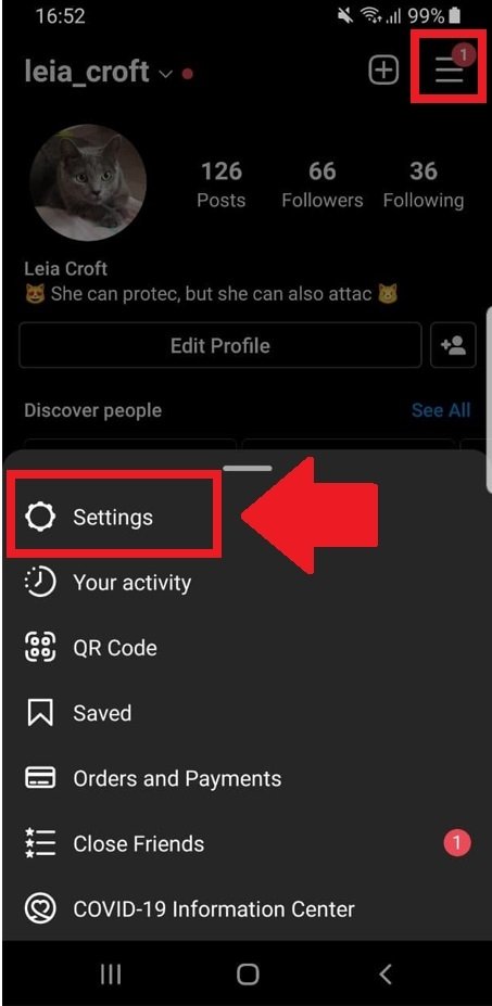 Go to the Settings section of your Instagram profile