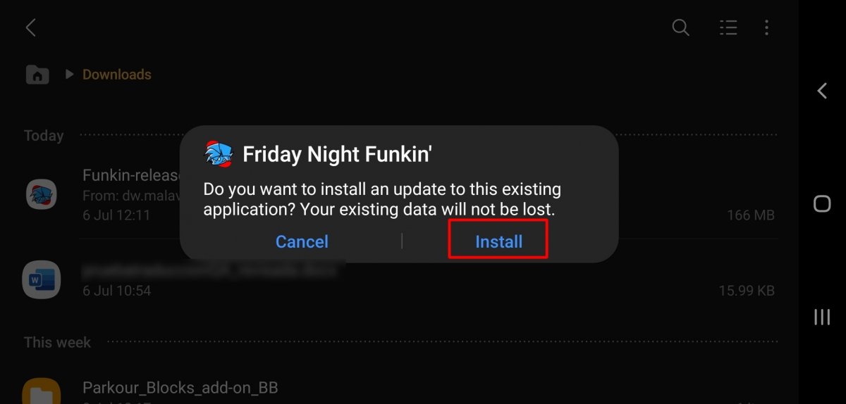 Tap Install to reinstall the APK