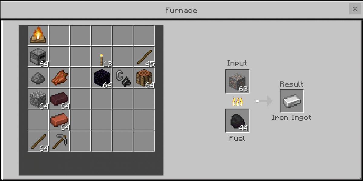 Crafting an Iron Ingot by smelting an Ore in the Coal Furnace