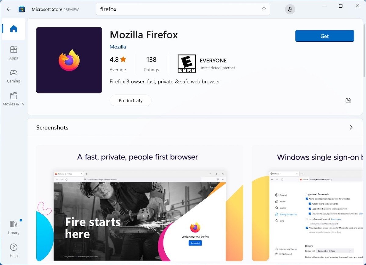 Firefox im Microsoft App-Store