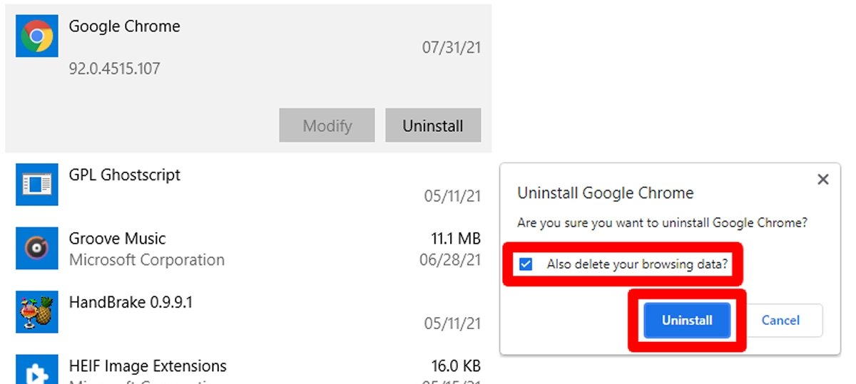 Clear all browsing data and click Uninstall to complete the uninstallation.