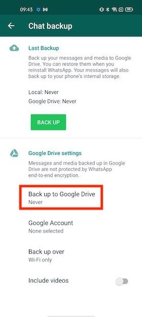 Google Drive backup options