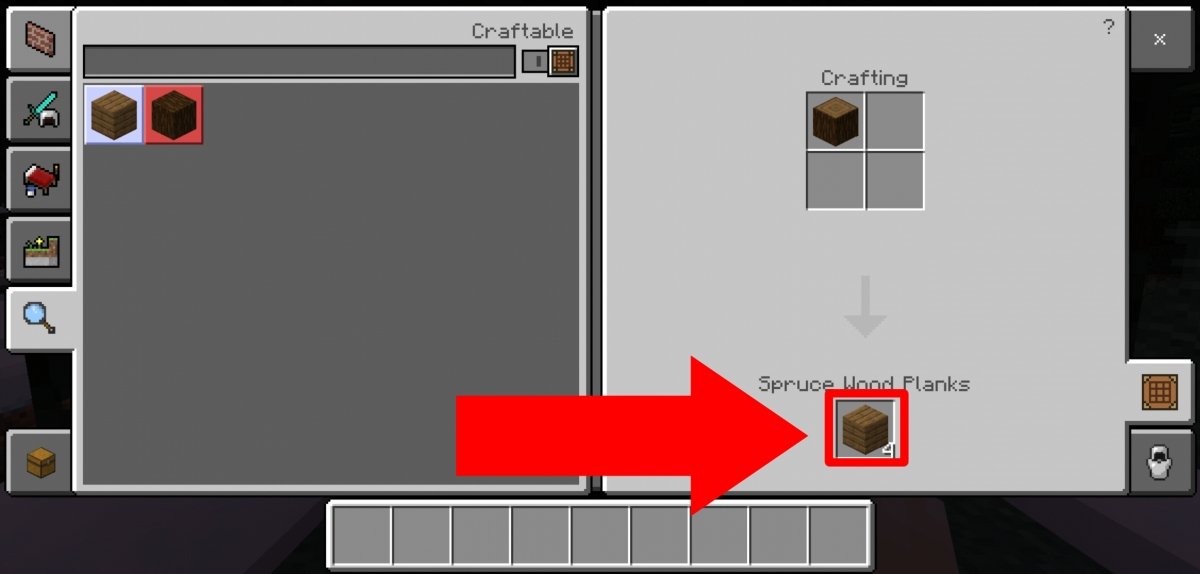 Tap on the crafting result to get four spruce wood blocks