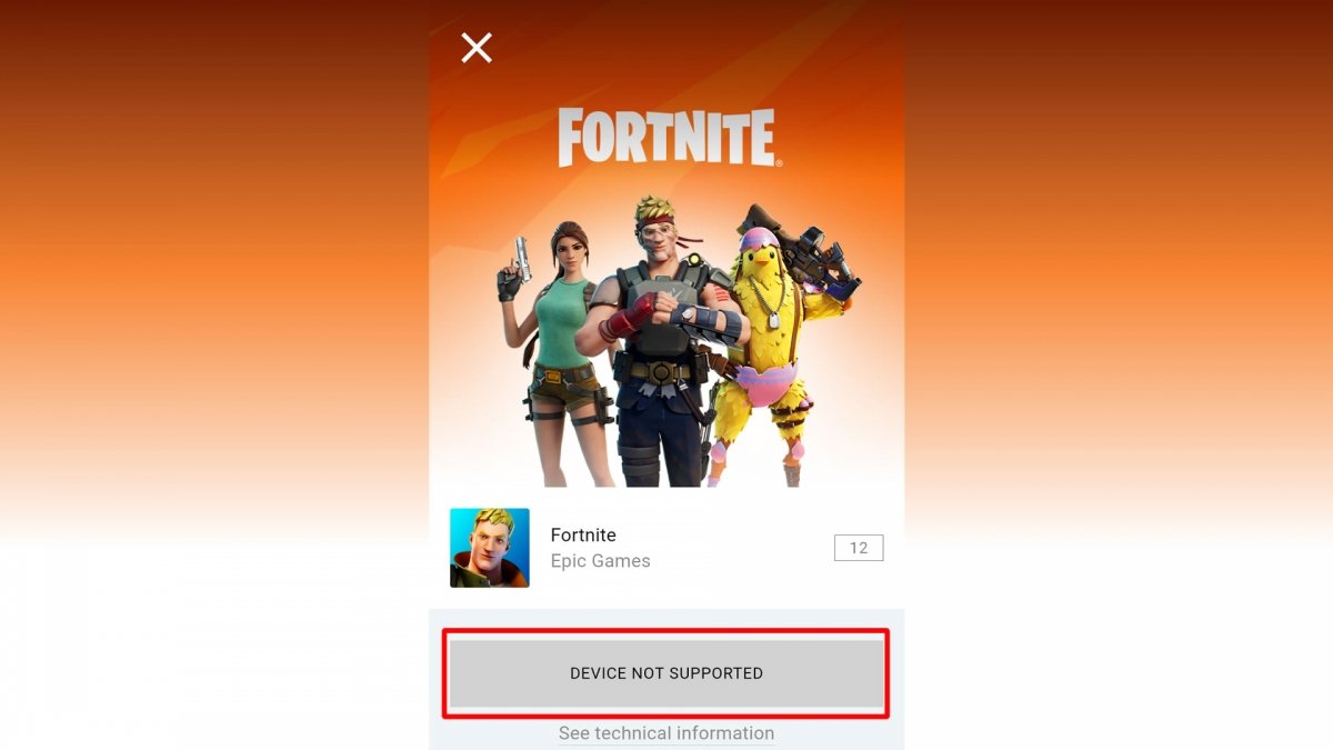We can see that in this case the device is not compatible with Fortnite