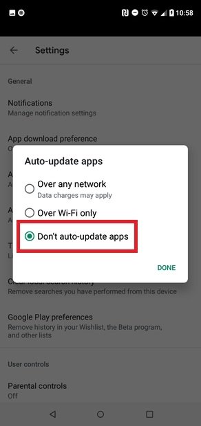 Select no auto-update for apps