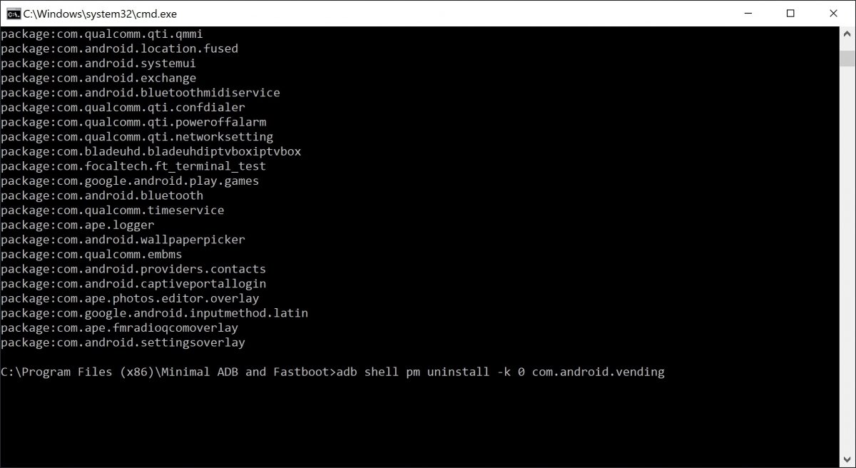 Fastboot command to uninstall packages