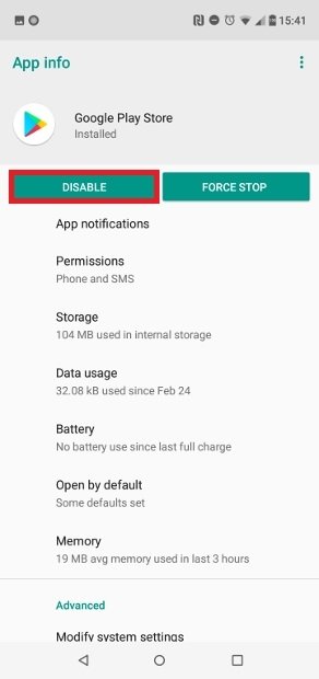 Tap Disable to disable Google Play