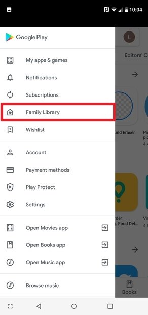 Family Library in the Google Play menu