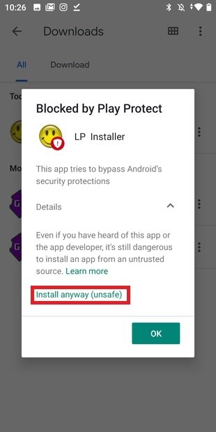 Installation from the Play Protect warning