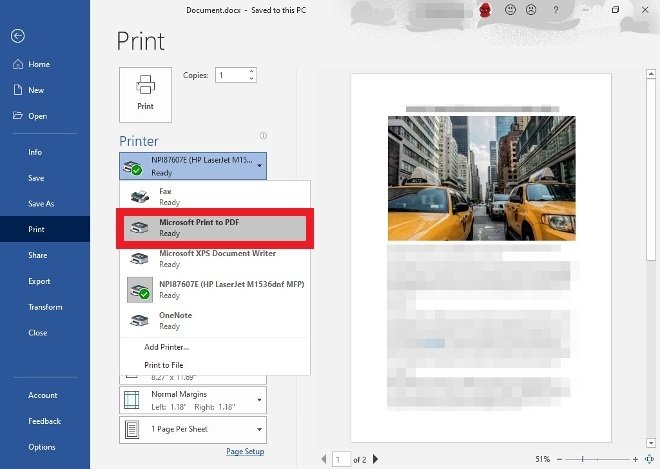 Choosing Word's virtual PDF printer