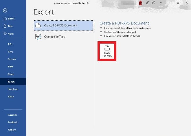 Choose the option to create a PDF or XPS file