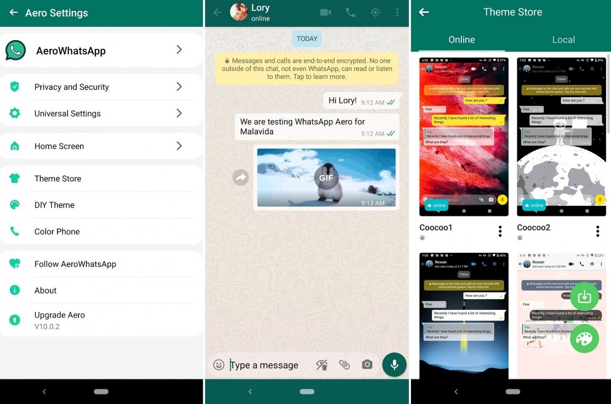 Screenshots of WhatsApp Aero interface