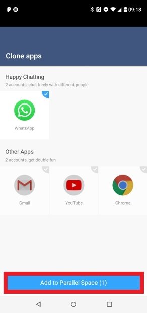 WhatsApp is recognized by Parallel Space