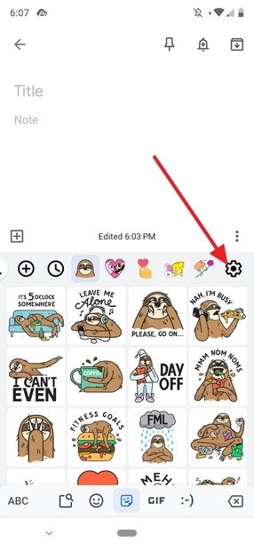Gboard settings button for the stickers