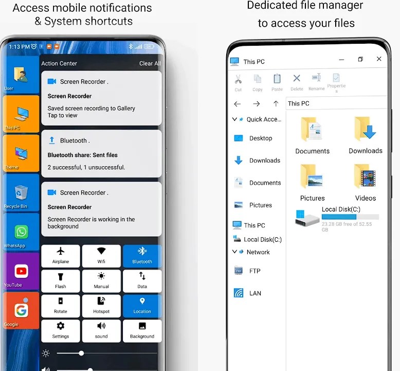Mobile Notifications and Dedicate file manger in Win 11 Launcher